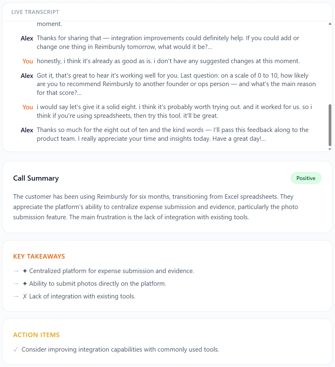 Amazon Nova Models in Action: Build a Speech-to-Speech Agent 7 Post call summary screenshot